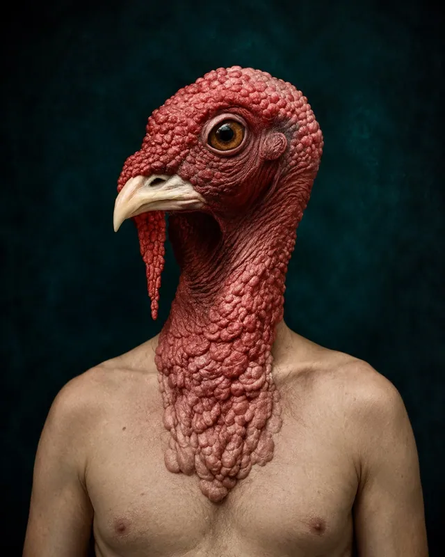 A familiar stranger, a turkey headed portrait against teal